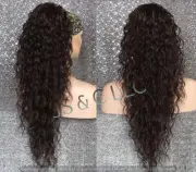 Dark Brown Human Hair Blend PONYTAIL Hairpiece Drawstring ex long wavy