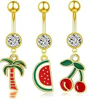 [Niaspi] 3Pcs 14G Watermelon Cherry Coconut Tree Dangle Belly Button Rings for Women Surgical Steel Cute Fruit Belly Navel Barbell Rings Summer Beach Belly Piercing Jewelry, 14g, Stainless Steel, no
