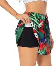 [GaxfjRu] Tropical Flower Parrot Print Women's Running Shorts High Waisted Running Shorts Pocket Sporty Gym Elastic Short