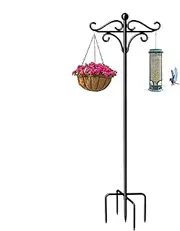 Double Shepherds Hooks for Outdoor, Heavy Duty Iron Bird Feeder Pole, Adjustable Shepherds Hook, Adjustable 61-76 Inches with 5 Prong Base for Stable Grounding, 1320g for Outdoor