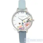 OLIVIA BURTON 手錶 OB16EG114 魔法花園 清新花卉蜜蜂印花 粉筆藍皮帶 34MM 女錶