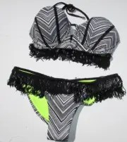 Beach Bunny BIKINI Swimsuit Sz sml black white yellow gold sexy back High Cut NW