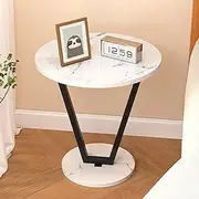 Wooden Round Side Table with Metal Legs, Bedside Table, End Table (White Marble)