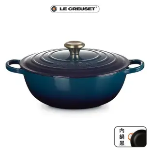 【Le Creuset】典藏琺瑯鑄鐵鍋媽咪鍋28cm(極光午夜藍-淡金頭)