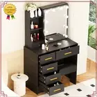 Black Dressing Table with LED Lighted Mirror Modern Vanity Makeup Desk Stool Set