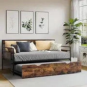 [Tatub] Twin Daybed with Trundle Bed, Rustic Metal Sofa Bed Frame with Wooden Headboards, Saving Space Day Bed Frame for Living Room, Bedroom, Apartment, Rustic Brown