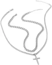 [Pichcppo] Layered Stainless Steel Cross Necklace For Men,Cuban Link Chain Cross Pendant, Religious Jewelry Gifts