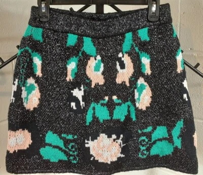 NWT Zara Knit Mini Skirt Metallic Pull On Abstract Jacquard Black Stretch Medium