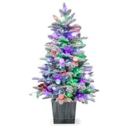 Costway 1.1M Pre-Lit Snow Flocked Christmas Tree Xmas Potted Decor w/Maca Dragon Lantern Globe Lights & 148 Tips