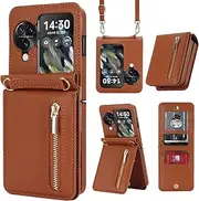 Wallet Case for Oppo Find N3 Flip [Zipper Pocket] [Card Holder] PU Leather Kickstand Fold Protective Cover with Adjustable Crossbody Rope Phone Case Woman(Brown)