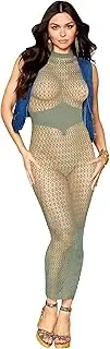 [Dreamgirl] Seamless Geometric Fence Net Design Bodystocking Gown, Green, One Size