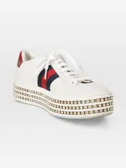 White Leather Ace Crystal Bee Embroidered Trainers