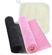 TENQUAN 2 PCS African Net Sponge with 1 PCS Exfoliating Washcloth African Wash Net Back Scrubber for Men Women Body Scrub Face Cleaning Daily Bath Shower(Pink Black White)