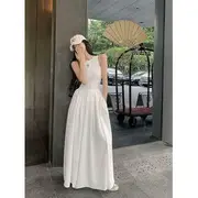 Sleeveless Plain Shirred Midi A-Line Dress White - M