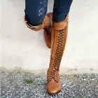 New Womens Boots Knee High Stacked Heels Leather Tall Riding boots Lace Up Shoes