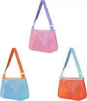 [Toguma] 3Pcs Small Mesh Beach Bag with Adjustable Shoulder Straps, Beach Tote Bag Shell Bags Swimming Pool Bag Swimming Accessories for Woman Man (Pink/Blue/Orange)