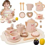 Seyaom Wooden Tea Party Set for Little Girls, Play Kitchen Accessories for Toddlers Princess Tea Time Party Food Toys for 3 4 5 6 Years Old Gifts