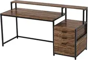 160cm Writing Desk, Monitor Riser, 3 Drawers, Printer Platform, Metal Frame - Rustic Brown