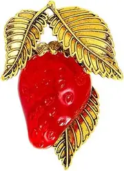 [liveliwithmin] Red Strawberry Brooch Pin Enamel Oil Fruit Lapel Pin Gold Leaf Collar Pin for Women Men Girls Mother's Day Birthday Party Gift Strawberry Fruit Bag Suit Badges