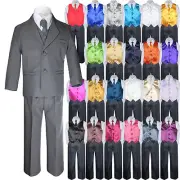 7pc Boys Teens Kids Formal Wedding Tuxedo Dark Gray Suits Vest Necktie Sets 5-20