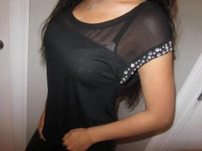 EXPRESS Black Chiffon Sheer Top Rhinestone trim Sleeve Shirt tunic Blouse S NEW