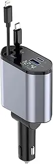 oolong Retractable Car Charger, 4 in 1 Fast Charging Car Charger 120W, Retractable Cable and 2 USB Ports Car Charger Adapter for iPhone 16 15 14 13 Pro Max, Galaxy S23