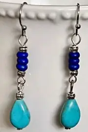 Etched Silver, Blue Stone and Turquoise Teardrop Dangle Earrings.