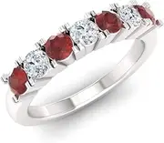 [Diamondere] Natural and Certified Diamond and Gemstone Wedding Ring in 14K White Gold | 0.77 Carat Half Eternity Stackable Band for Women, US Size 4 to 9, Metal, Garnet