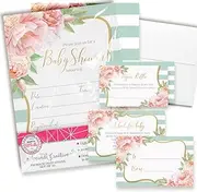 Baby Shower Invites for Girls – Floral Baby Shower Invitation Bundle with Diaper Raffle Tickets, Book Request Cards & Envelopes. Set of 20 5X7 Aqua & Peony Invitation Kit Sets