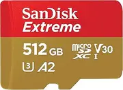 SanDisk Extreme microSD UHS I 512GB Card for 4K Video on Smartphones, Sports Cameras and Drones 190MB/s readout, 130MB/s Write, SDSQXAV 512G GN6MN, red/Gold