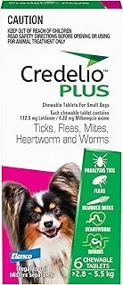 Credelio Plus Dog Flea and Tick Treatment, Six Pack, Ticks, Fleas, Mites, Heartworm & Worms Parasite Protection, in The Smallest Monthly Chewable Tablet for Dogs > 2.8-5.5 kg, 6 Pack