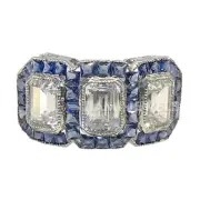Vintage Bezel Emerald Cut Simulated Diamond Blue CZ 3-Stone Ring 14k Gold Silver