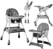 Baby High Chair,Foldable Portable Highchair,3 Recline Positions, Adjustable Footrest,Removable Double Tray,Storage Basket,Portable High Chairs for 6 M+ to 6 Years Babies & Toddlers with Wheels(Grey)