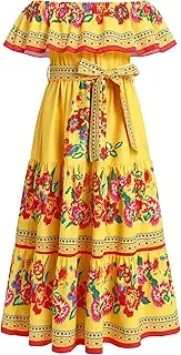 [ODIZLI] Girls Mexican Dress Off Shoulder Cinco de Mayo Dresses Traditional Folk Floral Print Long Maxi Dress with Belt Summer