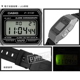 CASIO / F-91WM-1B / 卡西歐 計時碼錶 LED照明 鬧鈴 電子數位 橡膠手錶 灰黑色 33mm