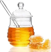 Beehive Honey Jar, Glass Honey Pot with Dipper and Lid Cover, Large Container for Home Kitchen Storing Honey and Syrup, Clear 10.5 Ounce(300ml)