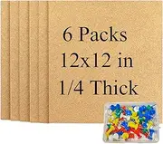 Cork Square Board for Walls, 6 Packs 12"x12" 1/4" Thick Cork Bulletin Board Self Adhesive Cork Board Tiles with 50 Pushpins for Home Office Kitchen School (6, 12 * 12 inch)