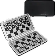 Pocket Chess Set with Black PU Leather Case, Portable Foldable Travel Magnetic Mini Checkers Light Weight Family Game