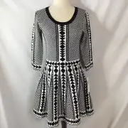 Nina Leonard Dress Size Medium Fit Flare Sweater Lightweight Geo Black White NWT