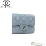 Chanel Caviar Skin Matelasse Small Wallet Tri-Fold Compact Ap0229 Blue Green