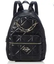 LOVE MOSCHINO Borsa PU Nero Zip Backpack Bag Black Leather Gold Logo Chain ITALY