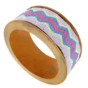 White Blue Purple Embroidered Natural Wooden Bracelet Bangle For Women 8.25"