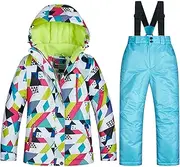 [Abcoll] Kids Boys/Girls 2-Pieces Ski Suit Snowboard Suit Skiing Outfit Waterproof Snowsuit Ski Jacket Hooded & Snow Bib Pants/Trousers, Cotton Fiber Lining (Color : O, Size : 10-11 Years)