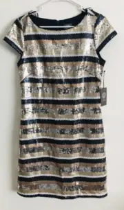 Vince Camuto Women's Sequined Striped Bodycon Dress Navy/Gold Size 8