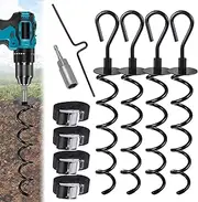 DTNESS 10Pcs 16'' Heavy Duty Trampoline Ground Anchors Pegs Tie Down Kit, Steel Spiral Ground Anchors with 4 Straps, Drill Bit Adapter and Puller Tool, Metal Swing Anchor for Garden Shed, Tent