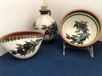 3 Pieces Mravov Greek Pottery, Olive Oil Cruet/Jar Bowl Dish, Olive Branch, NEW