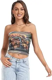 [RPLIFE] Highland Cattles in Car Crop Top Sexy Tube Tops, Women Strapless Top, Summer Tops Women (S)