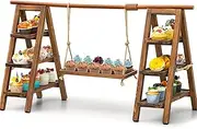 Beeveer Wooden Double 3 Tier Serving Tray Ladder Stand with Serving Platter Tray Party Food Display Set for Cake Snack Fruit Chips Bread Centerpieces(20 x 30 Inches,Dark Walnut)