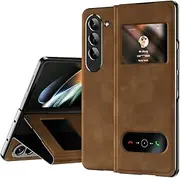 [XIMAND] for Samsung Galaxy Z Fold 5 Maghetic Flip Folding Case, Open Window Design, High Luxurious Business Napa Leather Hidden Kickstand Full Body Hinge Protective Slim Cover - Brown