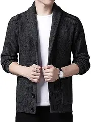 [SWJGLITTR] Men's Buttons Down Cable Knit Sweater Casual Shawl Collar Cardigan Cardigan Sweater Pockets Jackets for Men, Dark Grey, 3X-Large